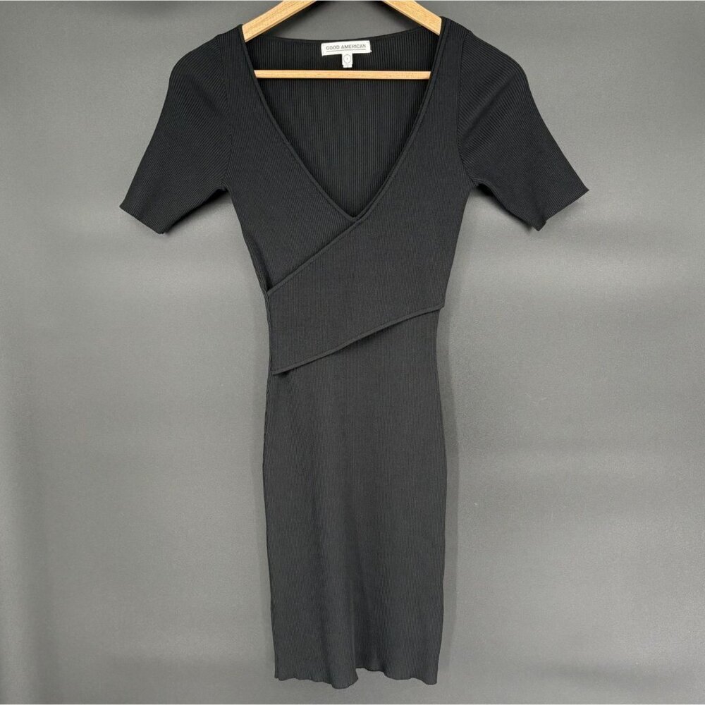 Good American Womens Ribbed Bodycon Mini Dress 1(S) Black LBD Little Black Dress